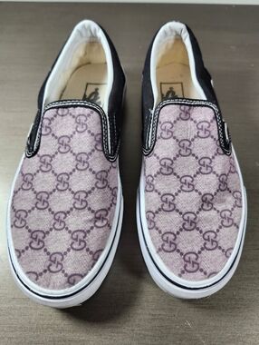 VANS Black Grey Designer Logo Canvas Slip-On Sneakers Unisex WS 7M MS 5.5M NWOB